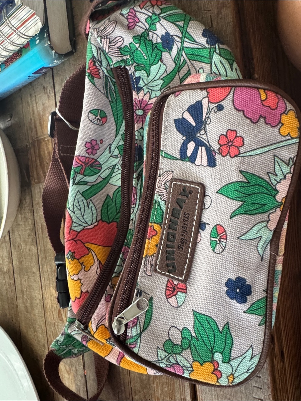 Floral Canvas Crossbody Bag with Butterfly Detail - Multicolor